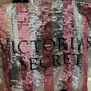 Victoria’s Secret sequin bag tote pink silver black stripe zip closure